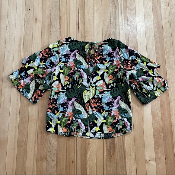 Per Una Bold Tropical Flower & Bird Print with Ruffled Sleeve Top - UK 8 / US 4 - Picture 4 of 16